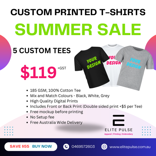 5 Custom Printed T-Shirts for $119 +GST – DEAL