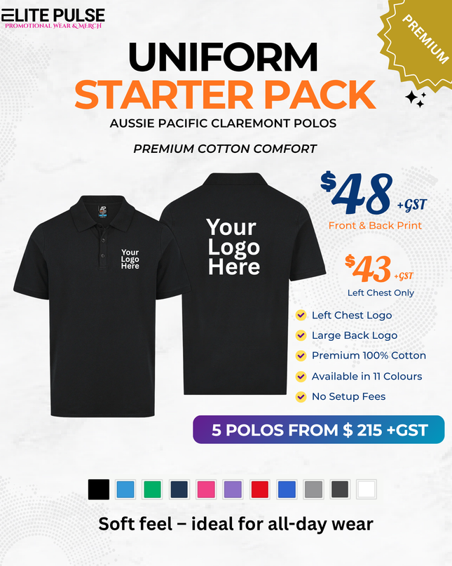Claremont Workwear Polos – 5 Pack (Custom Printed)