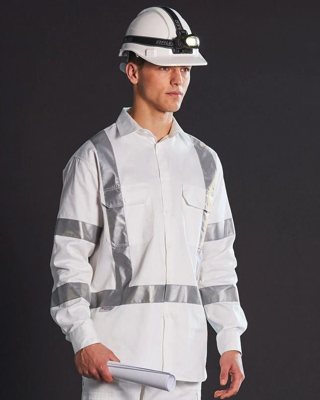 Mens White Safety Shirt with X Back Biomotion Tape Configuration - ElitePulse Custom Apparel & Merch